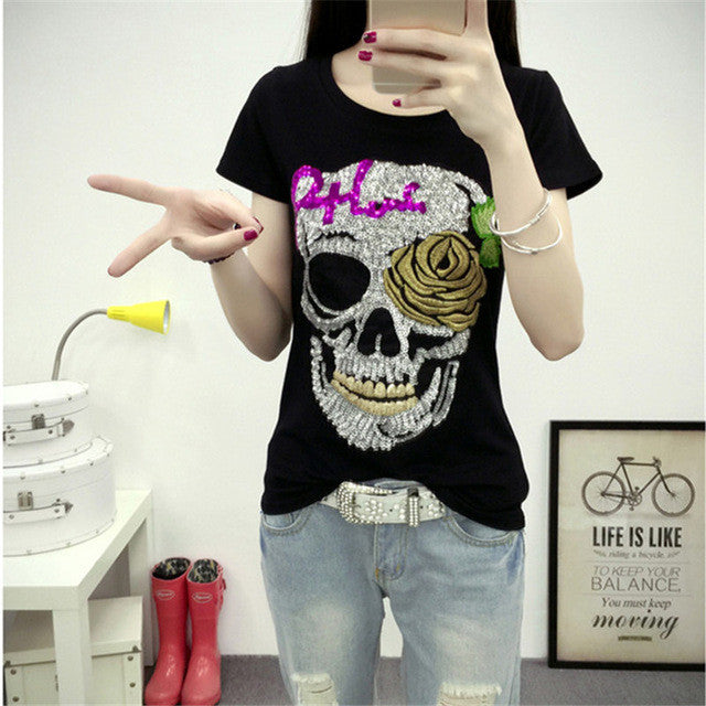 Fashion Short Sleeve T-shirts Plus Size Female t shirts Skull Print tshirt Sequined O-neck Women Tops 72454 GS