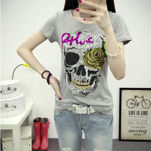 Fashion Short Sleeve T-shirts Plus Size Female t shirts Skull Print tshirt Sequined O-neck Women Tops 72454 GS