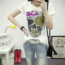 Fashion Short Sleeve T-shirts Plus Size Female t shirts Skull Print tshirt Sequined O-neck Women Tops 72454 GS