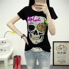 Fashion Short Sleeve T-shirts Plus Size Female t shirts Skull Print tshirt Sequined O-neck Women Tops 72454 GS