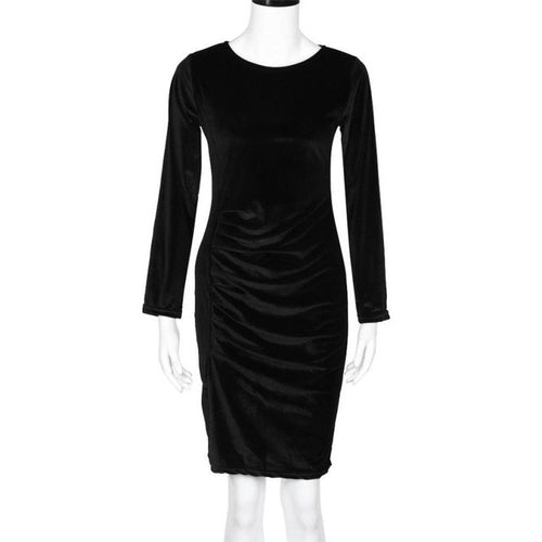 Fashion Solid Women Dress Long Sleeve O Neck  Plus Size S-3XL Vintage Office Bodycon Ladies Velvet Dresses #1205 GS