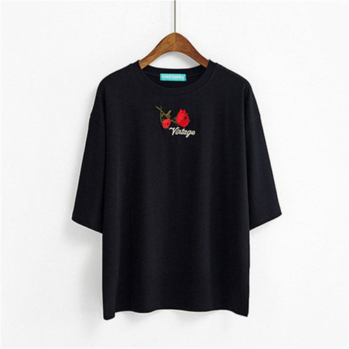 Fashion Summer Short Sleeve T-shirts New Fashion Letter Rose Floral Embroidery T Shirts Casual Women Tops Plus Size 72653 GS