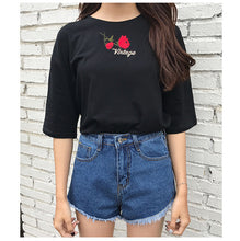 Fashion Summer Short Sleeve T-shirts New Fashion Letter Rose Floral Embroidery T Shirts Casual Women Tops Plus Size 72653 GS