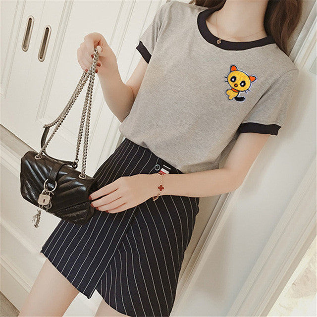 Fashion Summer Sleeve T-shirts Plus Size Cute Female T shirts Cartoon Embroidery Top O-neck Women t shirt 72417 GS