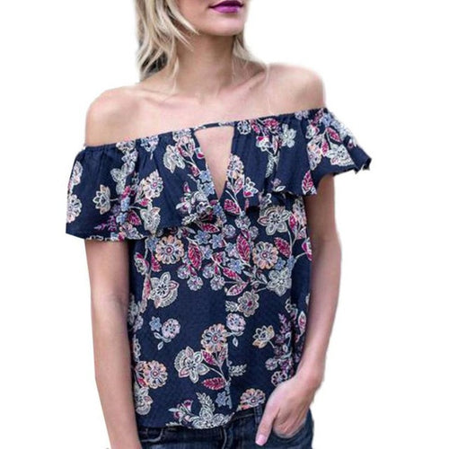 Fashion T-Shirt Women Off Shoulder Floral Printed Ruffled Neck  Casual Tops Tees Women T Shirt camisetas mujer #417 GS