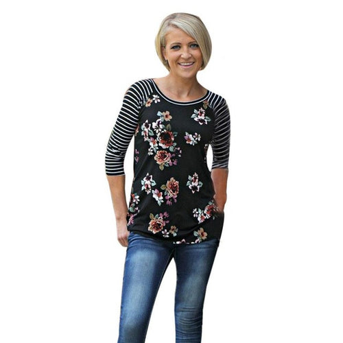 Fashion T-shirt Women Floral Print Splice O Neck Casual Tee Tops T Shirt Female ropa mujer Camisetas Femininas #1205 GS