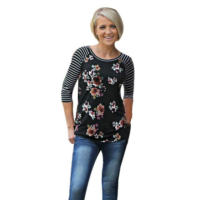 Fashion T-shirt Women Floral Print Splice O Neck Casual Tee Tops T Shirt Female ropa mujer Camisetas Femininas #1205 GS