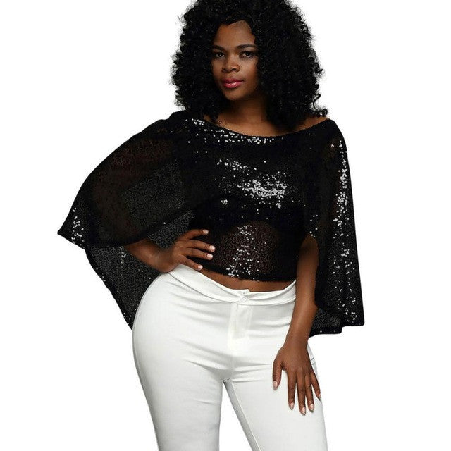Fashion Women Blouses Sexy Fashion Sleeveless Shawl Black Sequined Casual Batwing Sleeve O-Neck Short Tops ropa mujer #43 GS