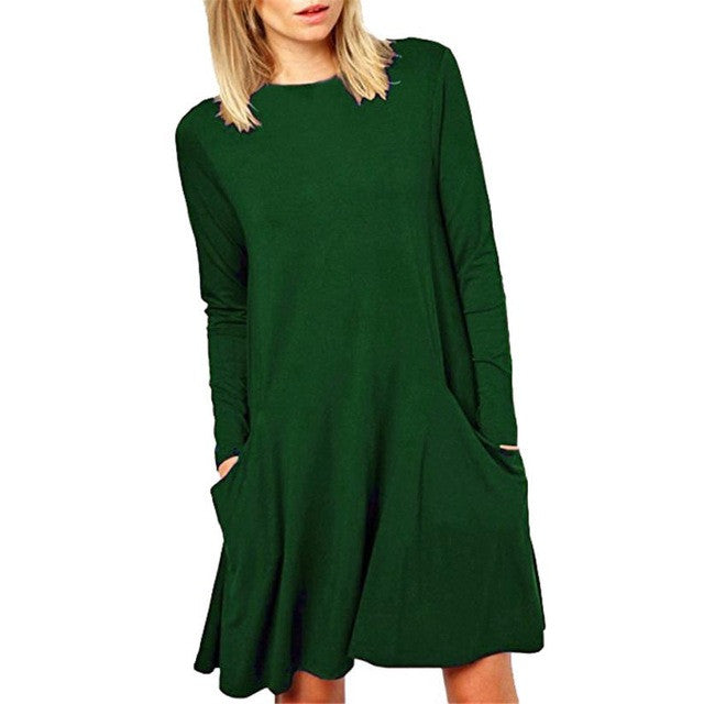 Fashion Women Loose Big Pocket Long Sleeve Solid Ruffles Mini Dress women dresses  lady dresses  #1215 GS