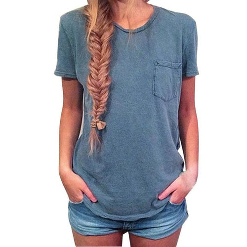 Fashion Women  Tee Shirt Blur Pocket Short Sleeve Casaul TShirt T-shirt Female Tops For Women Plus Size S-3XL #43 GS