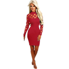 Fashion Womens Choker High Neck Bodycon Hollow Out Dresses Long Sleeve Solid OL Ladies sexyd Mini Dress Female #1215 GS