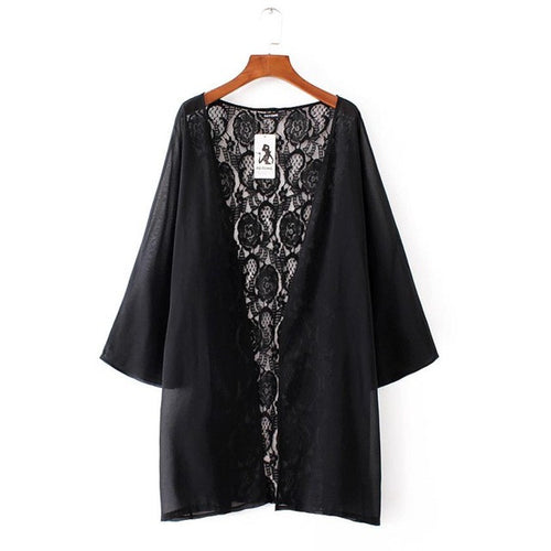 Fashion Womens  Lace Kimono Cardigan Shawl Chiffon Solid Womens Blouses Ladies Tops 3/4 Sleeve Cover Ups Black #43 GS