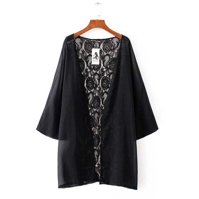 Fashion Womens  Lace Kimono Cardigan Shawl Chiffon Solid Womens Blouses Ladies Tops 3/4 Sleeve Cover Ups Black #43 GS