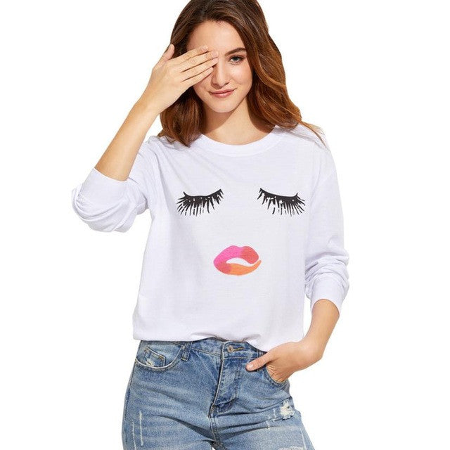 Fashion Womens T shrits Eyelash Printing O Neck White Casaul Loose Tee Tops Female Long Sleeve T Shirt Ropa Mujer #1206 GS