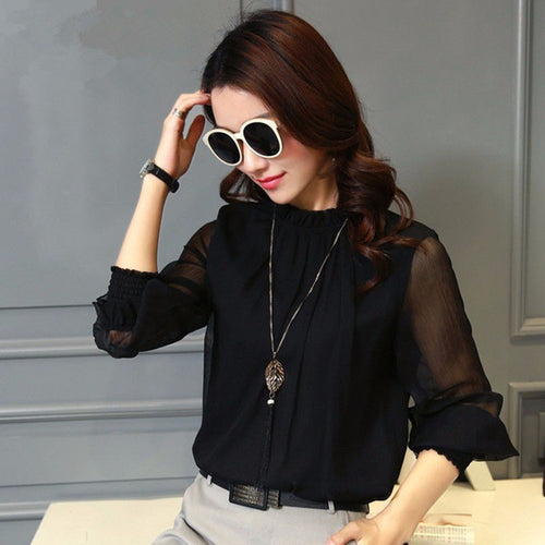 Female Fashion Blouses O-neck Shirt Ladies Tops Lantern Sleeve Button Color shirt Chiffon Blouse Women Plus Size 72142 GS