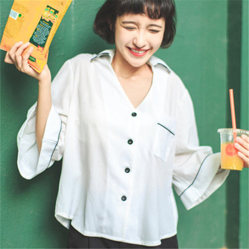 Female Fashion Korea Style Button Blouses V-Neck Casual Shirt Elegant Ladies Tops Loose Women Blouse With Pockets 72474 GS