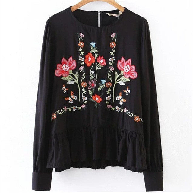 Female Fashion Long Sleeve Blouses O-Neck Ladies Tops Casual shirt Embroidery Floral Blouse Women Plus Size 72469 GS