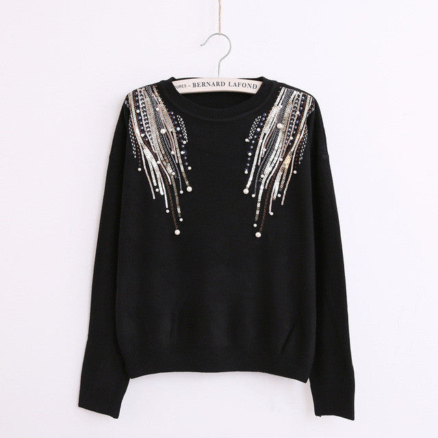 Female Sweater New Autumn Winter Plus Size KnittedO-neck Pullovers Full Sleeve Hot  Sequined Bling Outwear 72061 GS