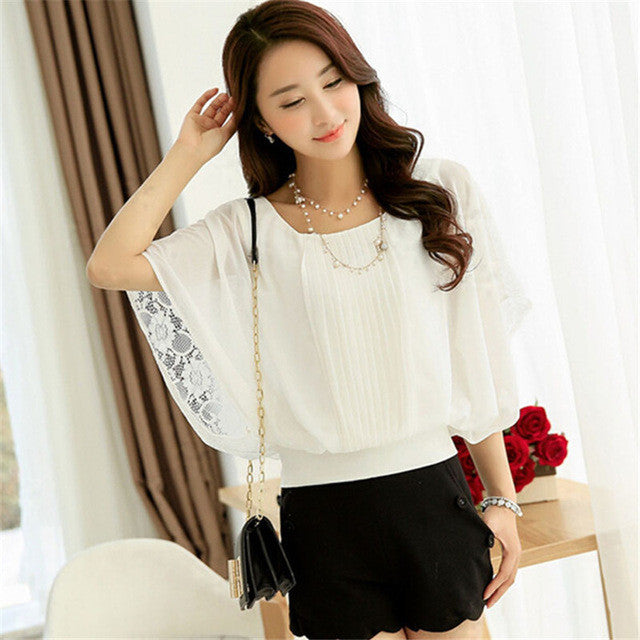 Hot  New 4XL Women 3/4 Blouse O-neck Batwing Sleeve Tee Shirt Casual Lace Blouses Fashion Plus Size Blusas 70632 GS