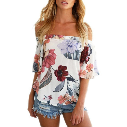Hot Sale Off Shoulder T-shirt Women Short Sleeve Women Floral Printed Casual Slash Tops T Shirt Women Poleras de Mujer #416 GS