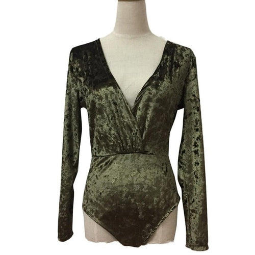 Hot Sale Womens Bodysuit Deep V Neck Shiny Velvet Jumpsuit Ladies Party Sexy Rompers combinaison femme &03 GS