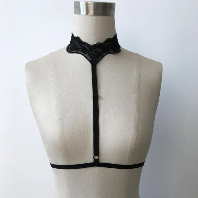 Hot Sexy Womens Goth sexy Strapy Bra Garter Belt Erotic Chest Lace Body Bridal Bandage Lingerie Crop Top Black White #23 GS