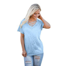 Latest Fashion Women T-Shirts Solid White Blue T shirt New Desgin Hole Tops Lady Short Sleeve Tees Tops #425 GS