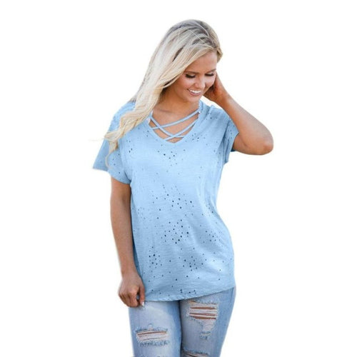 Latest Fashion Women T-Shirts Solid White Blue T shirt New Desgin Hole Tops Lady Short Sleeve Tees Tops #425 GS