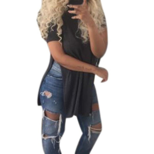 Long Style T shirt Women Fashion Causal Loose Split Solid Woment Tops   Ladies Girls T-shirt Camisas Femininas YE GS