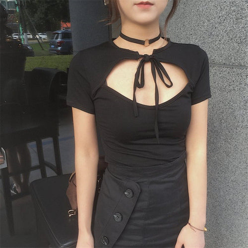 New Arrival Fashion Harajuku Hollow Out T shirt Women Short Sleeve Slim Tops Korean Casual Sexy T-shirt 72557 GS