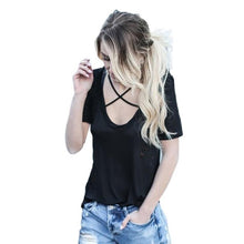 New Arrival Hollow Tshirt Women Short Sleeve Cross Collar V Neck Cotton Casual T-Shirt Women Tops Shirt Tee Black White #23 GS