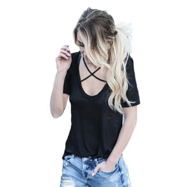 New Arrival Hollow Tshirt Women Short Sleeve Cross Collar V Neck Cotton Casual T-Shirt Women Tops Shirt Tee Black White #23 GS