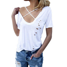 New Arrival Hollow Tshirt Women Short Sleeve Cross Collar V Neck Cotton Casual T-Shirt Women Tops Shirt Tee Black White #23 GS
