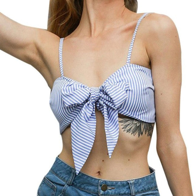 New Arrival  Women Blue Nevy Striped Camis Female Sleeveless Tops Blackless Bowknot Beach Short Tank Tops Women #23 GS
