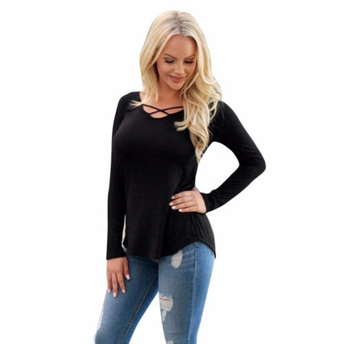 New Arrival Women Casual Basic T-Shirt Long Sleeve Crossing O Neck Women Tops Solid Tee Shirt Camisetas Feminina #1207 GS