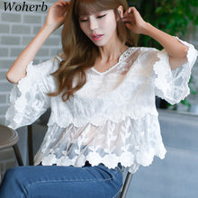 New Arrival Women Shirts Sexy Hollow Out Floral Lace Blouse Flare Sleeve Shirt V-Neck Blusas Woman Tops Plus Size 72659 GS