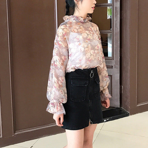 New Arrival Women Shirts Sweet Colorful Floral Chiffon Blouse Puff Sleeves Shirt Ruffles Blouses Woman Tops Plus Size 72727 GS