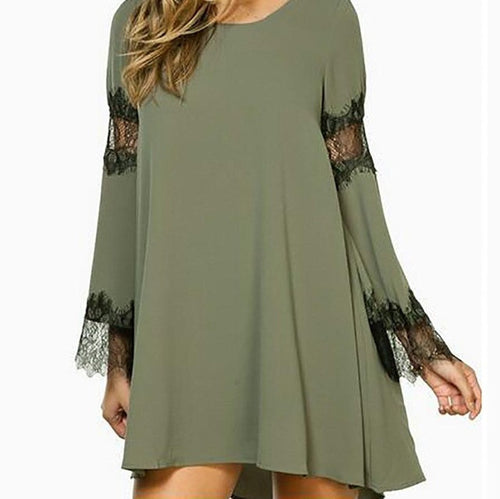 New Fashion   Women casual Loose Chiffon Lace Splite Long Sleeve chiffon Women Mini dress vestidos #1205 GS