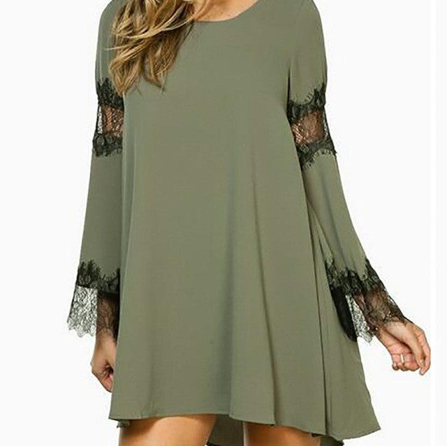 New Fashion   Women casual Loose Chiffon Lace Splite Long Sleeve chiffon Women Mini dress vestidos #1205 GS