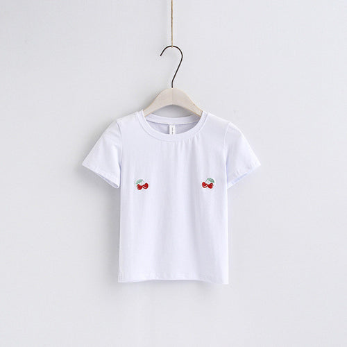 New Fashion European Style Short Sleeve T-shirts Fruit Embroidery Female t shirts White tshirt O-neck Women Tops Plus Size GS