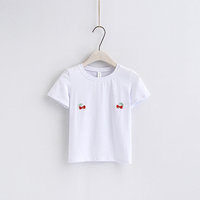 New Fashion European Style Short Sleeve T-shirts Fruit Embroidery Female t shirts White tshirt O-neck Women Tops Plus Size GS