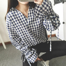 New Fashion Irregular Shirt Woman Tops Casual Long Sleeves Striped Shirt V-neck Ladies Blouses Plaid Clothing 33043 GS
