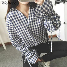 New Fashion Irregular Shirt Woman Tops Casual Long Sleeves Striped Shirt V-neck Ladies Blouses Plaid Clothing 33043 GS