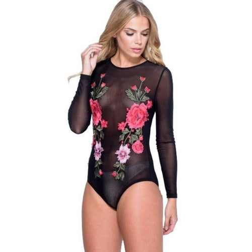 New Fashion Mesh Bodysuits Women  Sexy Embroidery Long Sleeve Rompers Jumpsuit Lady Leotard Combishort Femme Ete #23 GS