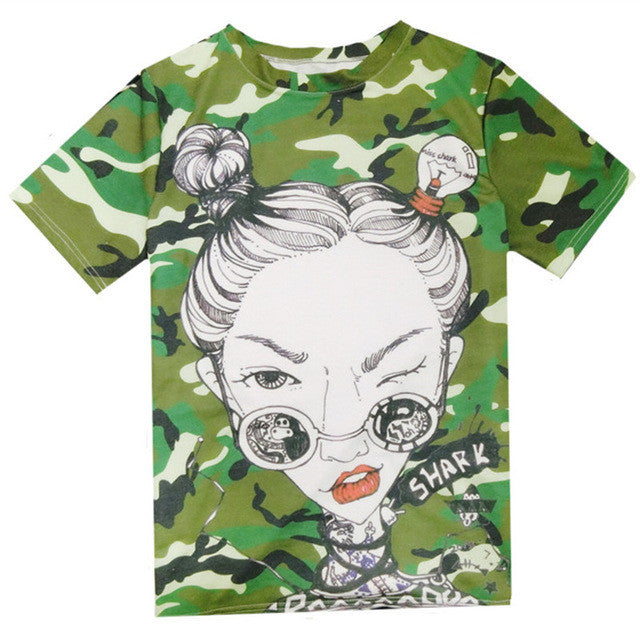 New Fashion Plus Size Short Sleeve T-shirts Female t shirts Cool Sunglasses Girl Print Green tshirt O-neck Women Tops GS