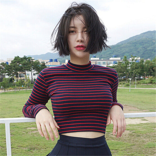 New Fashion Red Black Striped Full Sleeve T-shirts Slim Female O-Neck t shirts Sexy Women Crop Tops 72569 GS