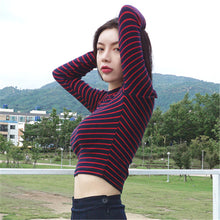 New Fashion Red Black Striped Full Sleeve T-shirts Slim Female O-Neck t shirts Sexy Women Crop Tops 72569 GS
