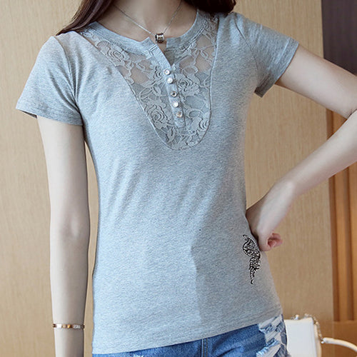 New Fashion Short Sleeve T-shirts Female Lace Hollow out T shirts Cotton Tops For Women Plus Size V-Neck Tshirt 72476 GS