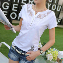 New Fashion Short Sleeve T-shirts Female Lace Hollow out T shirts Cotton Tops For Women Plus Size V-Neck Tshirt 72476 GS