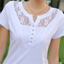 New Fashion Short Sleeve T-shirts Female Lace Hollow out T shirts Cotton Tops For Women Plus Size V-Neck Tshirt 72476 GS